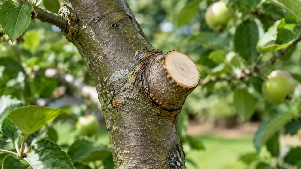 Nærbillede af et rent beskæringssnit på en gren af et æbletræ, lagt lige uden for grenkraven
