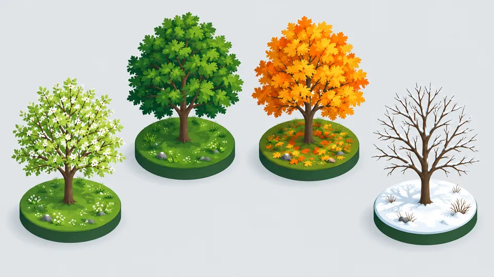Isometrisk illustration af det samme løvtræ i fire årstider: forår, sommer, efterår og vinter