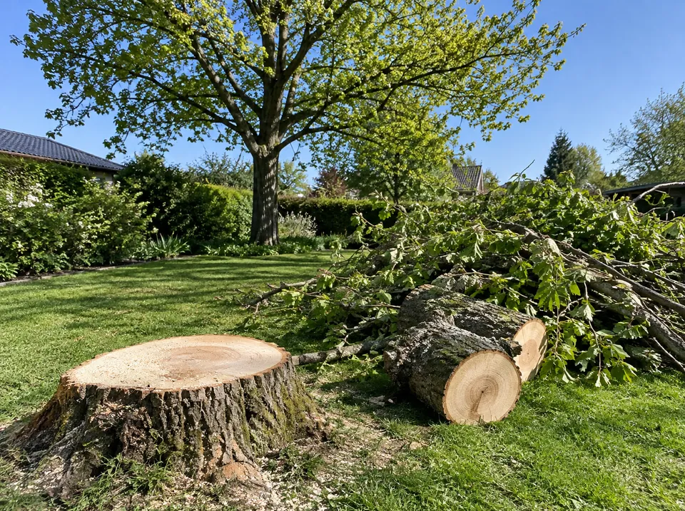 Frisk savet træstub med tydelige årringe, stammeskiver og afskårne grene på en græsplæne foran et stort løvtræ