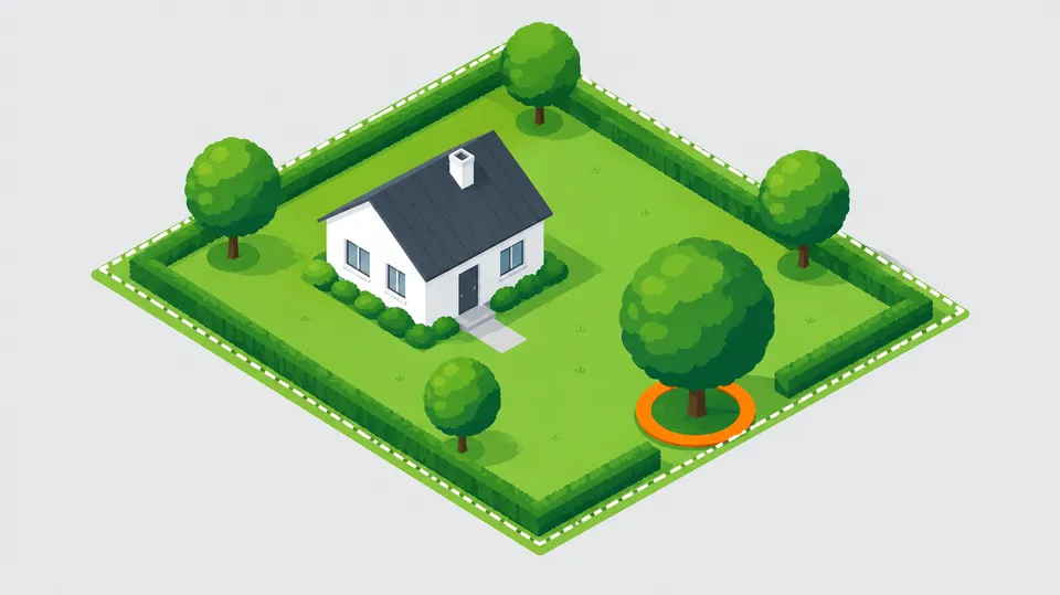 Isometrisk illustration af en grund med hus, hæk, skellinje og træer, hvor et stort træ ved skellet er fremhævet med en orange ring